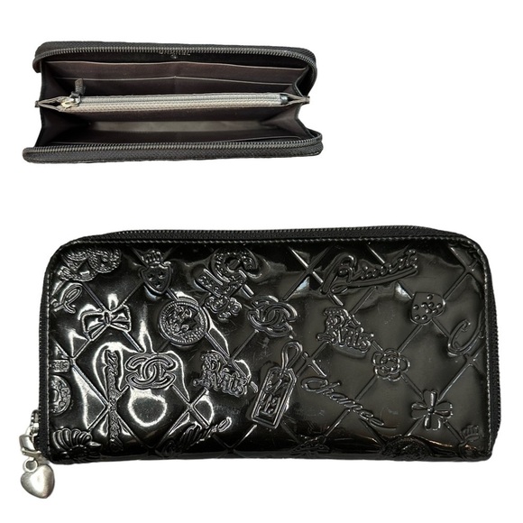 Authentic CHANEL Precious Symbols Black Patent Quilted Leather Zippy Wallet - Picture 1 of 16